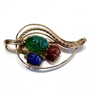 Vintage Van Dell 12K Gold Filled Scarab Brooch Egyptian Style Red Blue Green